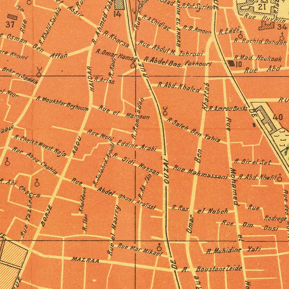 Plano de la ciudad antigua de Beirut, 1949: Hotel Normandy, Hipódromo, Bosque de pinos, Puerto de Beirut, Líneas de ferrocarril