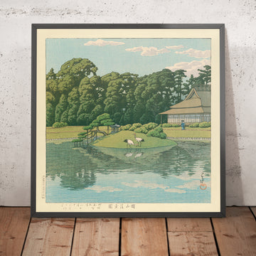 Una imagen enmarcada de Karakuen, Okayama de Hasui Kawase, 1935