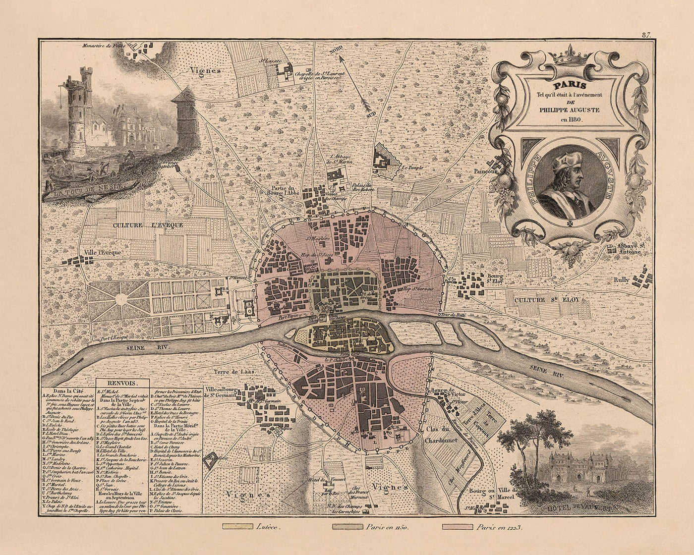 Old Map of Medieval Paris by Vuillemin, 1869: Notre-Dame, Île de la Cité, Seine, Louvre, City Walls