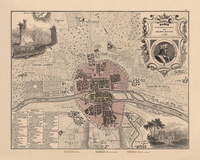 Old Map of Medieval Paris by Vuillemin, 1869: Notre-Dame, Île de la Cité, Seine, Louvre, City Walls