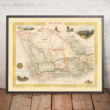 Mapa antiguo de la Colonia del Cabo (Sudáfrica) de Tallis, 1851: Ciudad del Cabo, Montaña de la Mesa, Knysna, bahía de Algoa, Gran Karoo 