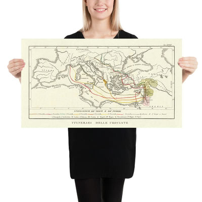 Old Map of the Crusades by Marmocchi, 1838: Routes, Jerusalem, Antioch, Constantinople