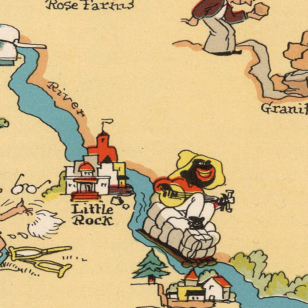 Pictorial Map of Arkansas by Ruth Taylor White, 1935: Little Rock, Hot Springs, Agriculture, Mississippi River, Timber