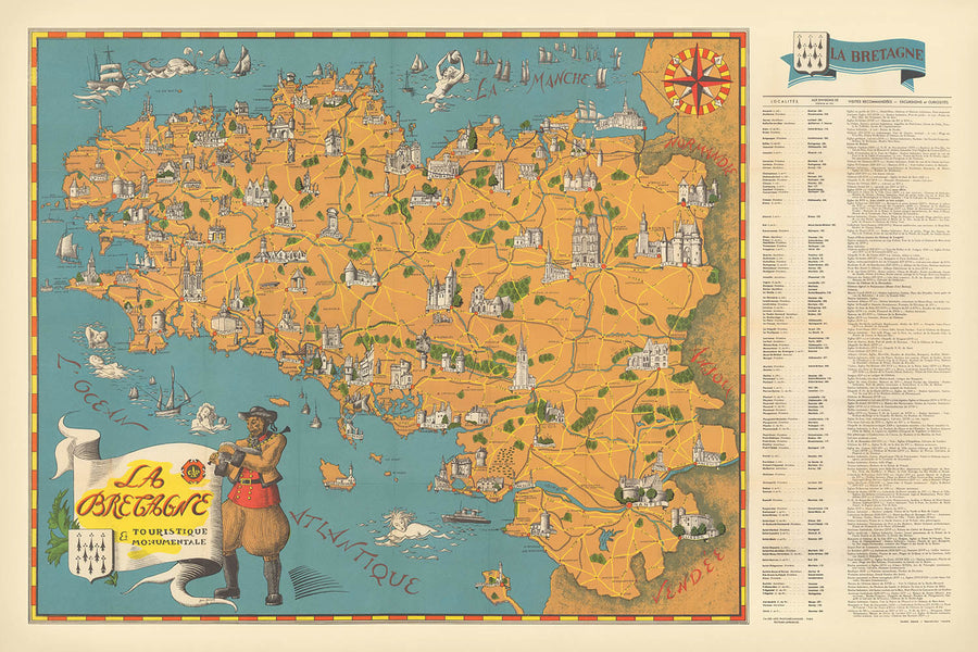 Mappa antica della Bretagna di Flornoy Jean, 1950: Nantes, Rennes, Brest, Castelli, Costa, Megaliti 