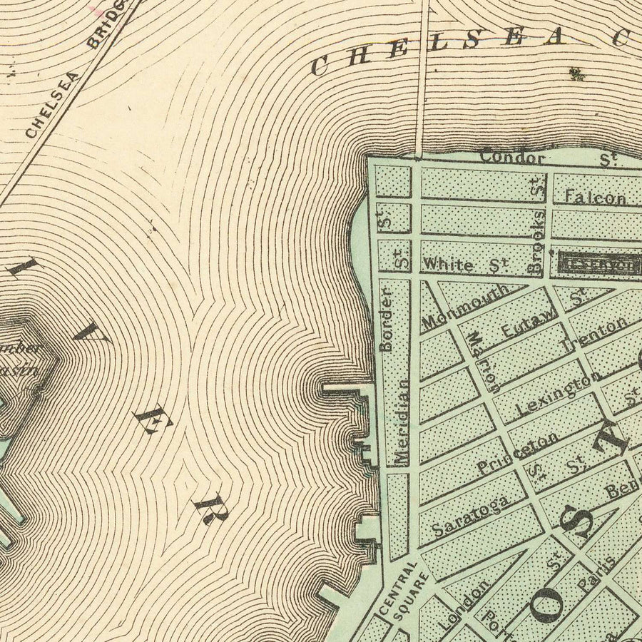 Old Street Map of Boston by Colton, 1866: Boston Common, State House, Boston Harbor, Cambridge, Charlestown