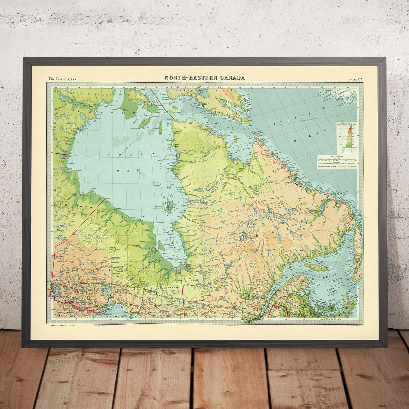 Old Map of Ontario & Quebec by Bartholomew, 1922: Quebec City, St. John’s, Hudson Bay, Torngat Mountains, Gulf of St. Lawrence