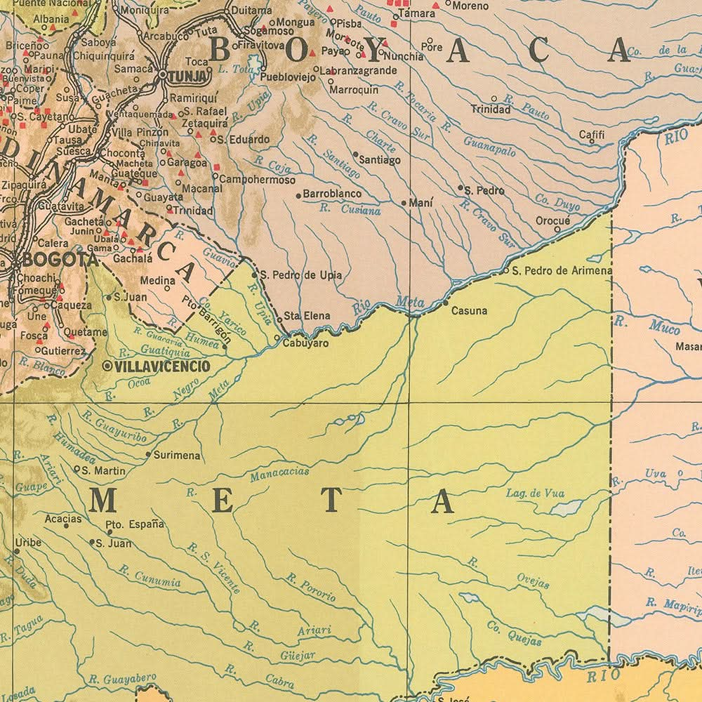 Alte Karte von Kolumbien, 1939: Kaffeeregionen, Anden, Bogotá, Medellín, Eisenbahnen