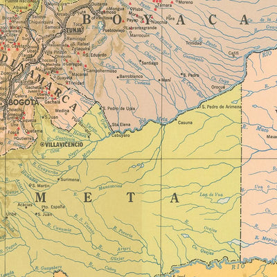 Alte Karte von Kolumbien, 1939: Kaffeeregionen, Anden, Bogotá, Medellín, Eisenbahnen