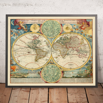 Old Map of the World by Homann, 1720: Double-hemisphere; Australia incomplete, early NZ coast; Tasman & Magellan tracks