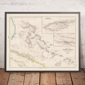Antica mappa delle Bahamas di Arrowsmith, 1858: Nassau, Nuova Providence, Canali, Banche, Linee costiere 