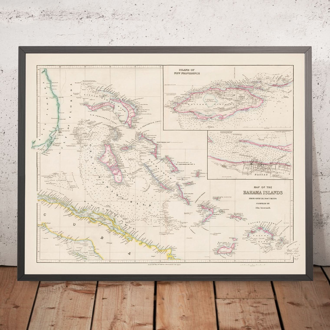 Mapa antiguo de las Bahamas de Arrowsmith, 1858: Nassau, New Providence, canales, bancos, costas