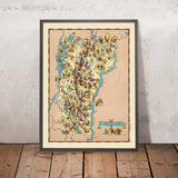 Carte picturale du Vermont par Ruth Taylor White, 1935 : Burlington, Montpelier, Rutland, limites des comtés, production de sirop d'érable 