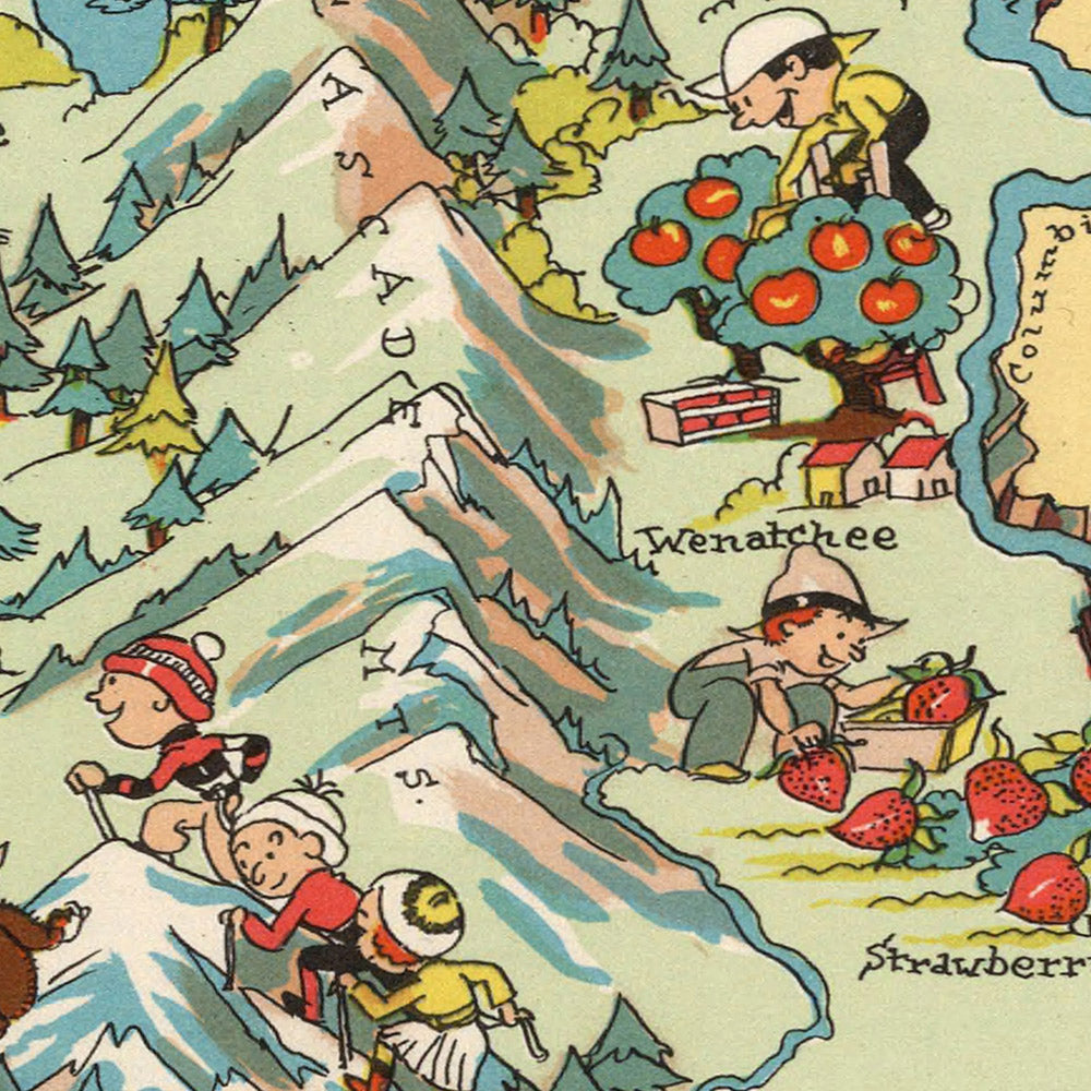 Pictorial Map of Washington State by Ruth Taylor White, 1935: Seattle, Mount Rainier, Columbia River, Olympic Mountains, Grand Coulee Dam