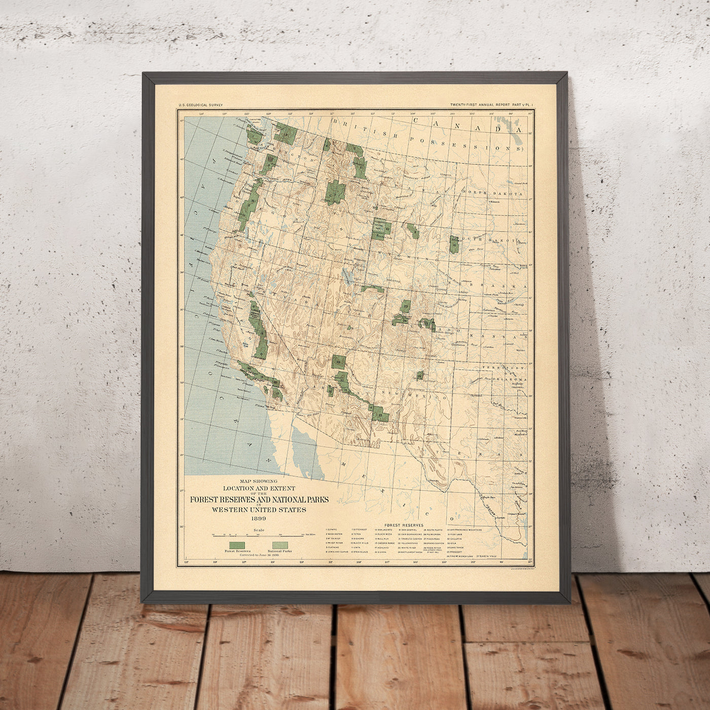 Old Map of Forests & National Parks in the Western USA by USGS, 1900: Yellowstone, Sierra Nevada, Etc.