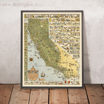 Ancienne carte illustrée de la Californie par Mora, 1927 : Los Angeles, San Francisco, Yosemite, Sierra Nevada, ruée vers l&