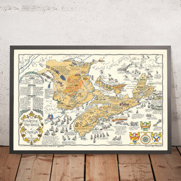 Antica mappa del New Brunswick, Nova Scotia e Isola del Principe Edoardo di Furse, 1963: Battaglie navali, percorsi di esplorazione 