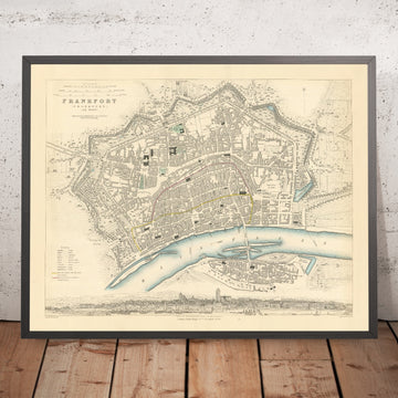 Ancienne carte de Francfort-sur-le-Main, Allemagne, 1847 : Zeil, Römer, Paulskirche, Sachsenhausen, fleuve Main 
