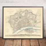 Ancienne carte de Francfort-sur-le-Main, Allemagne, 1847 : Zeil, Römer, Paulskirche, Sachsenhausen, fleuve Main 