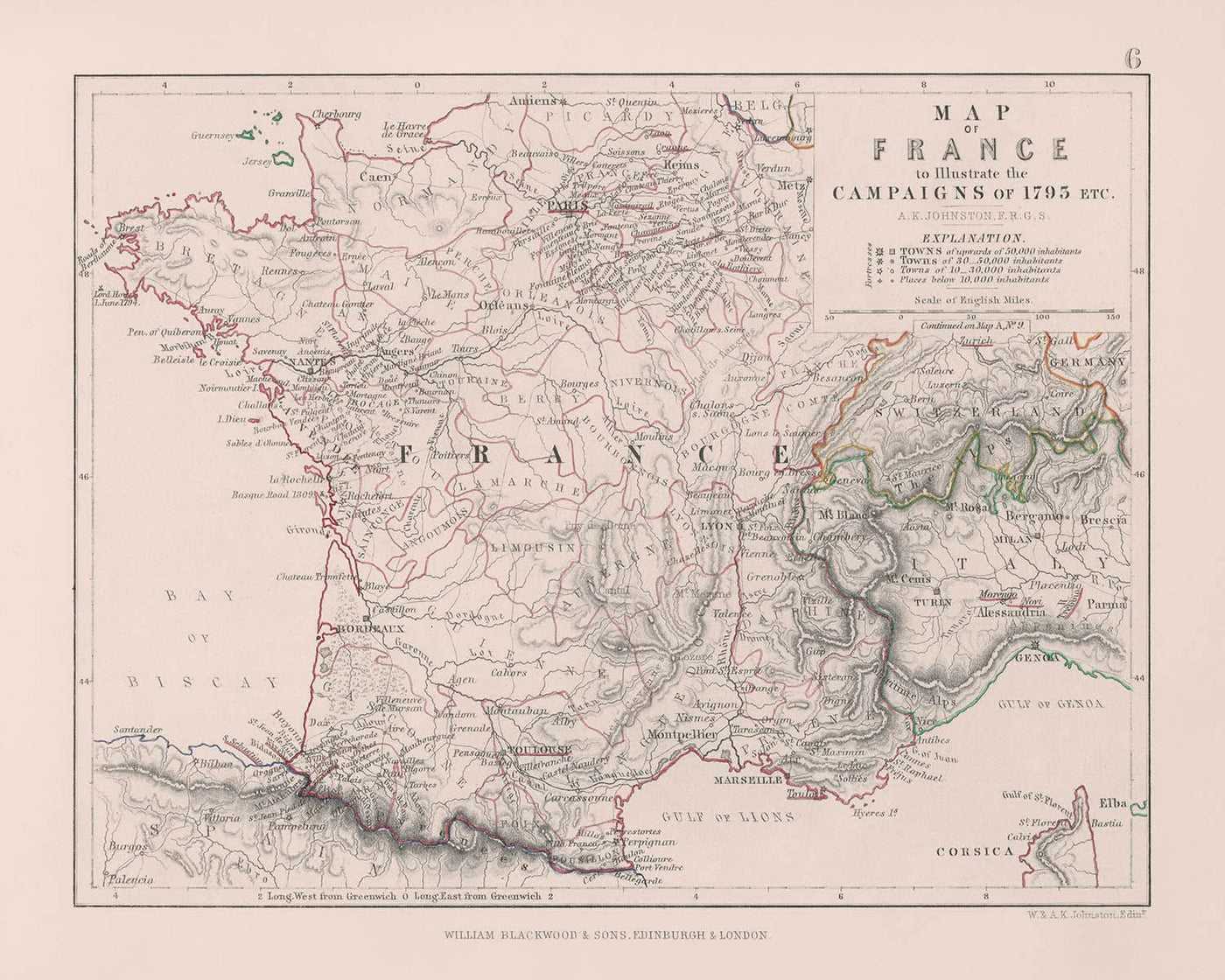 Antiguo mapa militar de las campañas revolucionarias francesas de Johnston, 1793: París, Lyon, Marsella, batallas, rutas