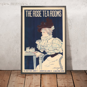 A framed image of The Rose Tea Rooms Vintage Tea Poster by Ferdinand Misti-Mifliez, 1900