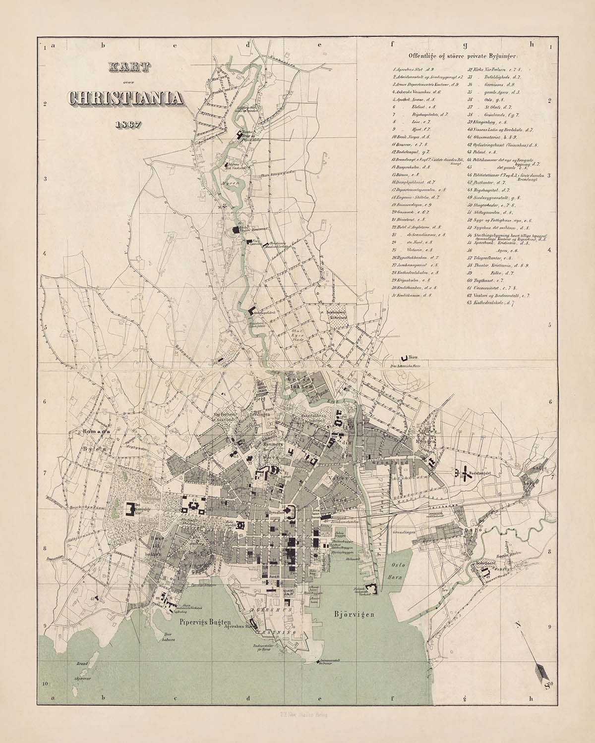 Old Map of Oslo by Steenstalles, 1867: Christiania, Royal Palace, Akershus Fortress, Karl Johans Gate, Bjørvika, Stortorvet