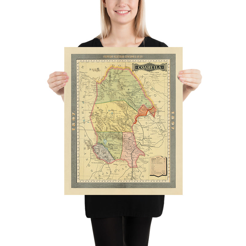 Alte Karte von Coahuila von García y Cubas, 1897: Saltillo, Torreón, Monclova, Eisenbahnen, Rio Grande 