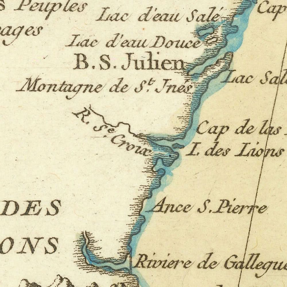 Old Map of Patagonia & Straits of Magellan by Bellin, 1764: Andes, Cape Horn, Islas Malvinas (Falklands)