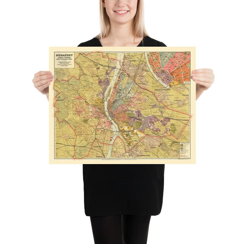 Vecchia mappa di Budapest di Kogutowicz, 1907: Andrássy út, Erzsébet körút, fiume Danubio, ferrovie, parchi 