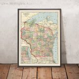 Ancienne carte ferroviaire du Wisconsin par Cram, 1901 : Milwaukee, Madison, Green Bay, lac Michigan, fleuve Mississippi 