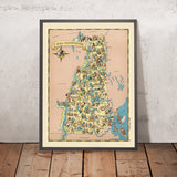 Carte picturale du New Hampshire par Ruth Taylor White, 1935 : Manchester, Nashua, Concord, Lacs, Montagnes 
