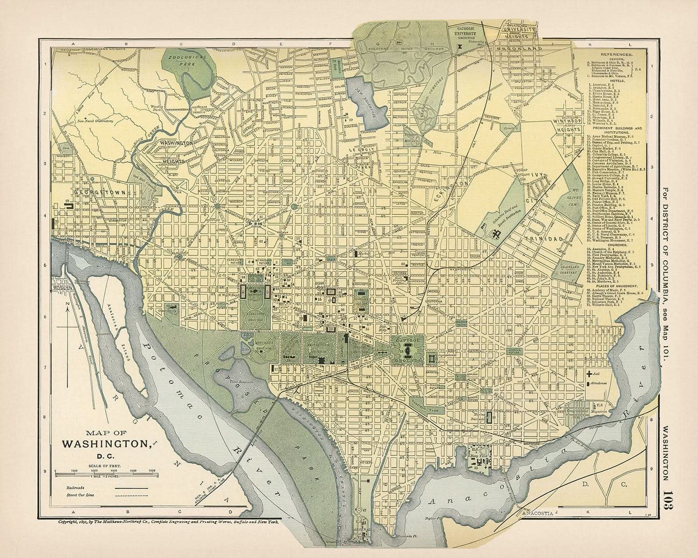 Mapa antiguo de Washington, DC, de Appleton, 1891: Capitolio, Casa Blanca, National Mall, Tidal Basin, Zoo Park