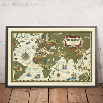 Mappa delle rotte aeree di Air France di Boucher, 1939: Mappa illustrata del mondo dell&