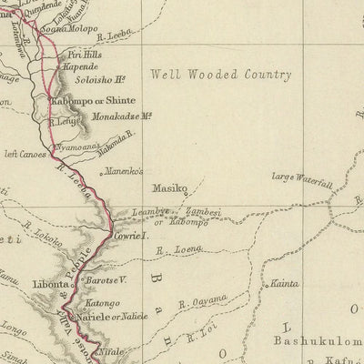 Alte Karte von Dr. Livingstones afrikanischer Route von Arrowsmith, 1857: Linyanti, Quelimane, Victoriafälle, Sambesi, Kalahari 