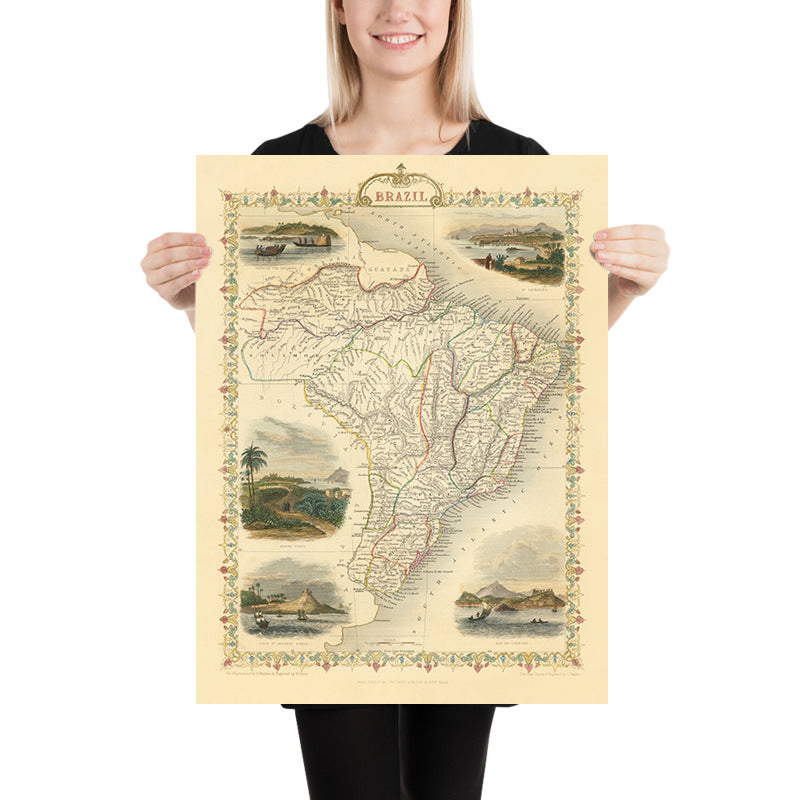 Ancienne carte du Brésil par Tallis, 1851 : fleuve Amazone, Rio de Janeiro, São Paulo, Salvador, côte atlantique 