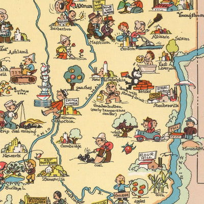 Pictorial Map of Ohio by Ruth Taylor White, 1935: Columbus, Cleveland, Cincinnati, Industry, Railroads