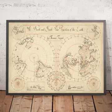 Alte Manuskript-Weltkarte von Trippit, 1665: Zwillingspolare Projektionen, Kalifornien als Insel, seltene astronomische Diagramme 