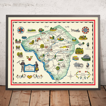 Antica mappa della contea di Lancaster, PA di Schmuckle, 1949: Ephrata, Lititz, fiumi Susquehanna e Conestoga, comunità Amish 