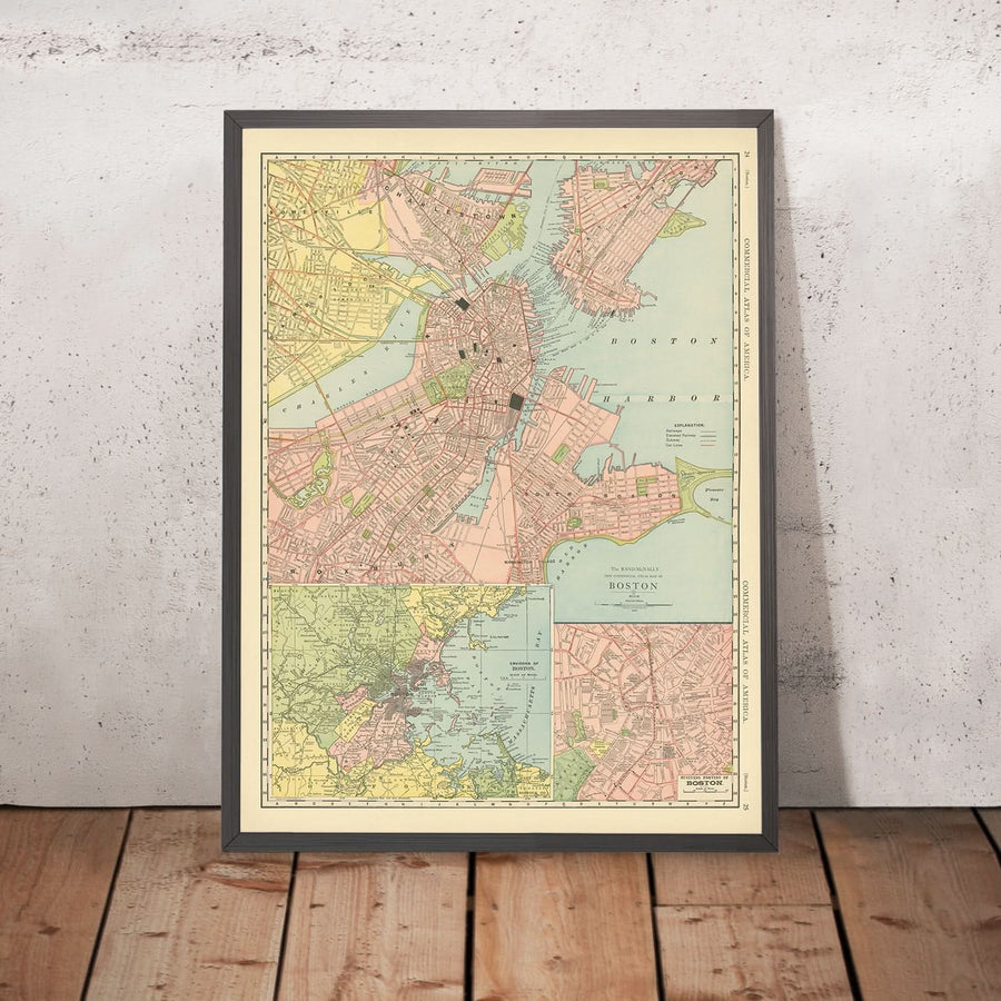 Mappa antica di Boston, 1912: Porto di Boston, South Boston, Roxbury, Boston Common, Giardino Pubblico 