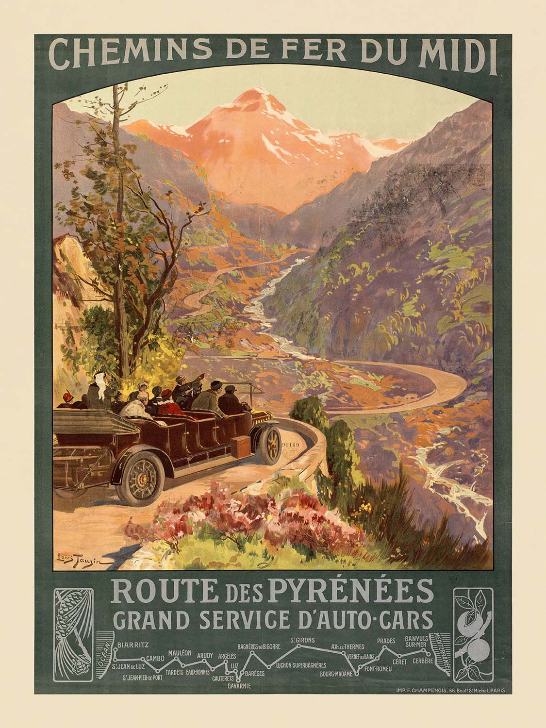 Southwest France Travel Poster: Chemin de fer du Midi by Louis Tauzin, 1910