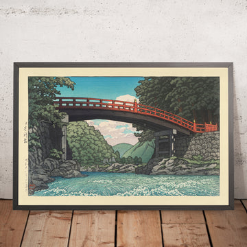 Ein gerahmtes Bild der Kamibashi-Brücke am Nikko Sacred Bridge von Hasui Kawase, 1935