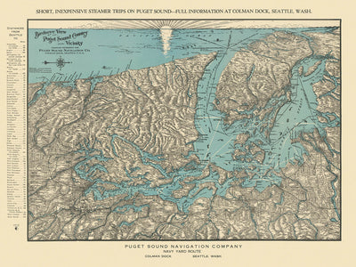 Old Birdseye Map of Puget Sound Region, 1927: Seattle, Tacoma, Olympic Peninsula, San Juan Islands, Mount Rainier