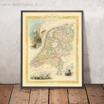 Antica mappa dei Paesi Bassi di Tallis, 1851: Amsterdam, Rotterdam, Reno, Zuider Zee, Vignette 