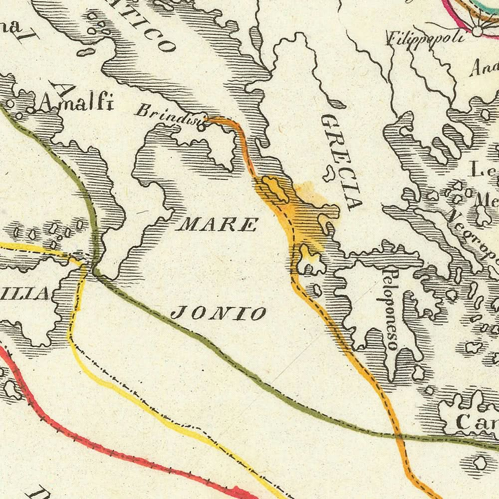 Ancienne carte des croisades par Marmocchi, 1838 : itinéraires, Jérusalem, Antioche, Constantinople, Hongrie