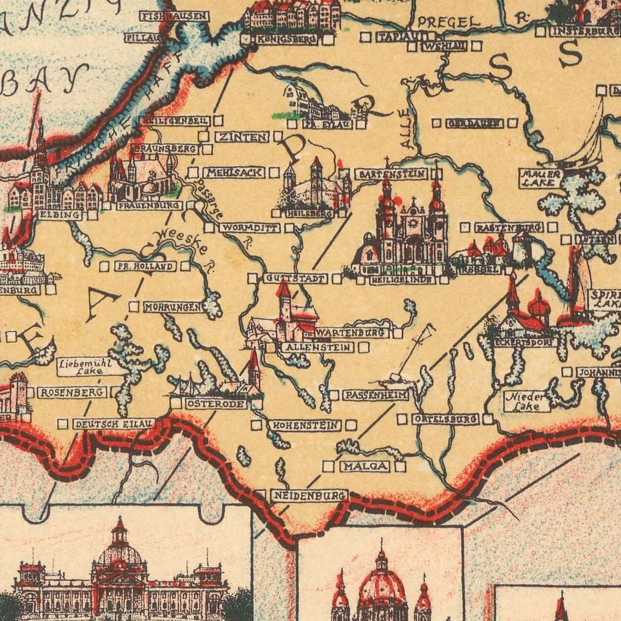 Vecchia mappa pittorica della Germania di Chase, 1935: Berlino, Monaco, Mare del Nord, punti di riferimento, dirigibili 