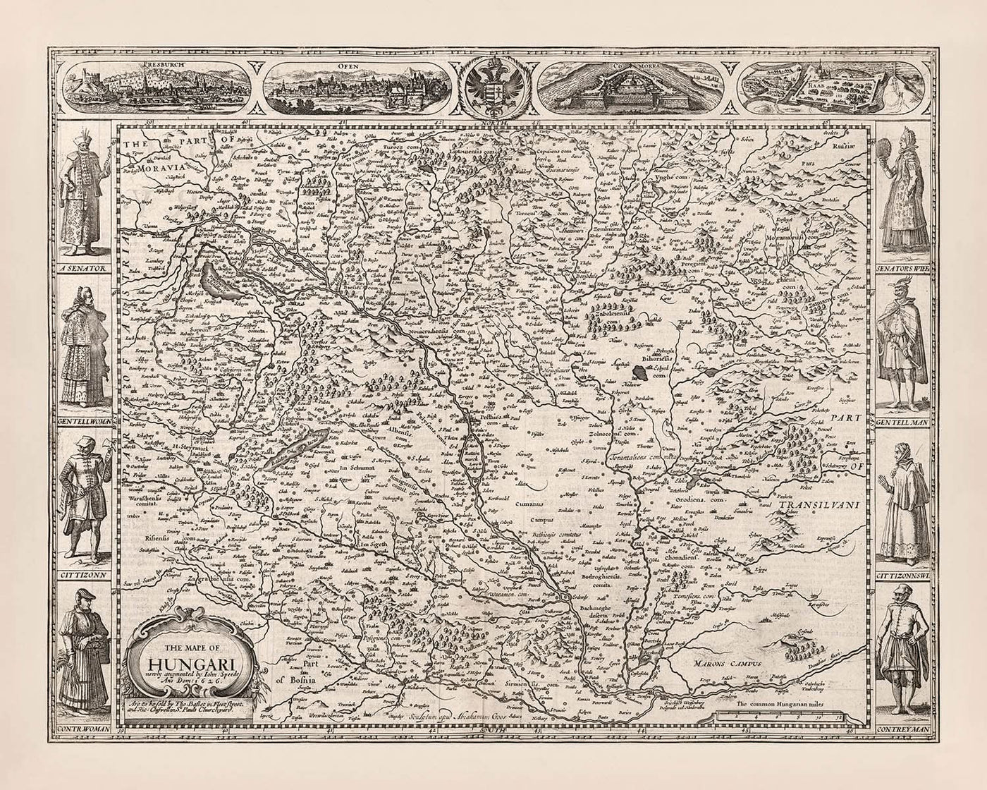 Carte ancienne de la Hongrie, 1626 : Buda, Pest, Cluj, rivières, montagnes