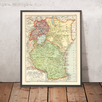 Mappa coloniale antica di Kenya, Uganda, Rwanda e Tanzania di Edward Stanford, 1926: Nairobi, Kampala, Lago Vittoria, Kilimanjaro, Ferrovia dell&