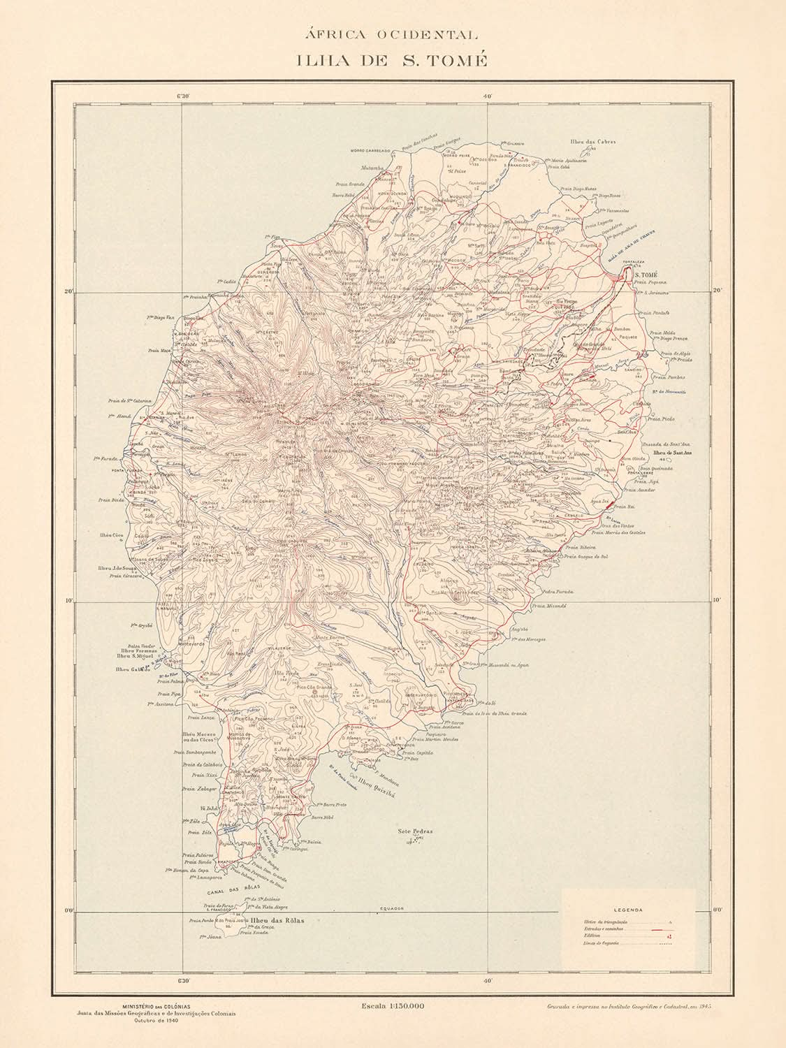 Ancienne carte de São Tomé, 1945 : São Tomé, Neves, Trindade, rivières, montagnes