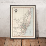 Alte Karte von New South Wales von Arrowsmith, 1845: Sydney, Newcastle, Flüsse, Straßen, Landkreise 