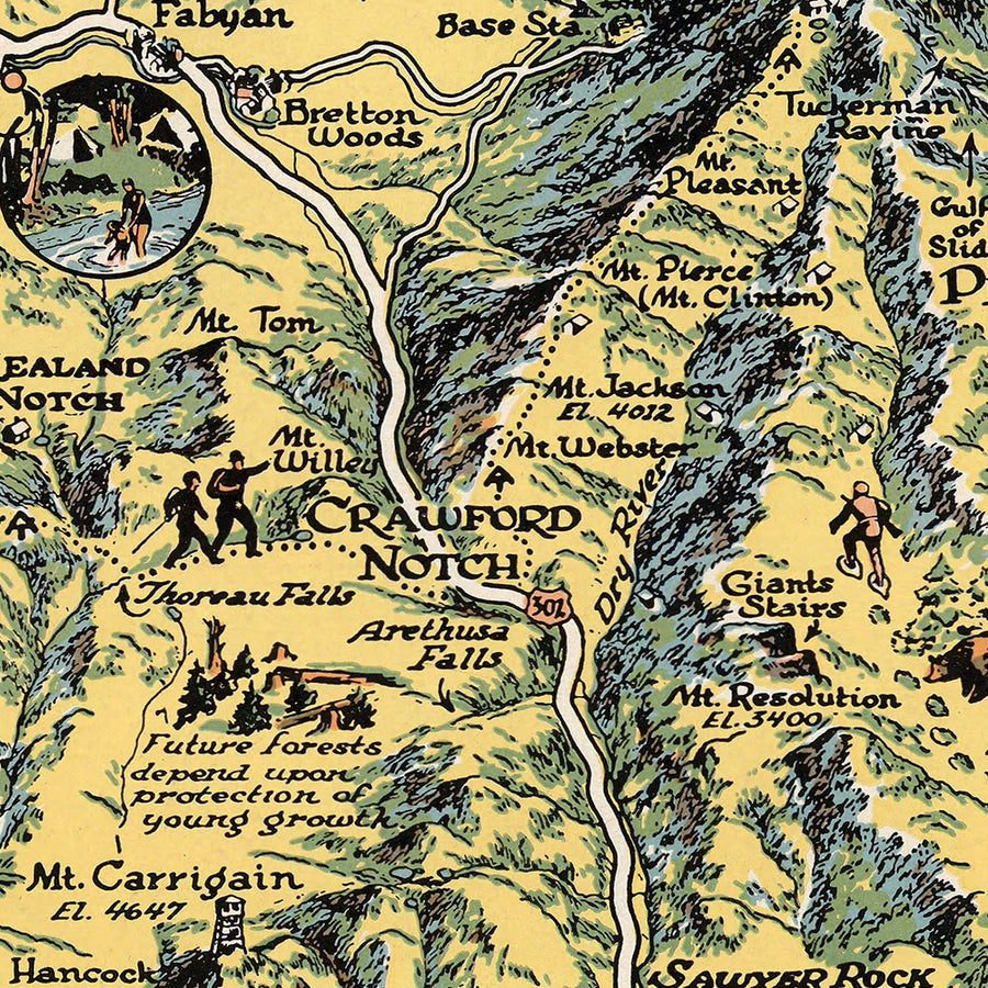 Antica mappa pittorica del White Mountain National Forest, 1930: Cannon Mt., Appalachian Trail, Franconia Notch, Mt. Washington, Conway 