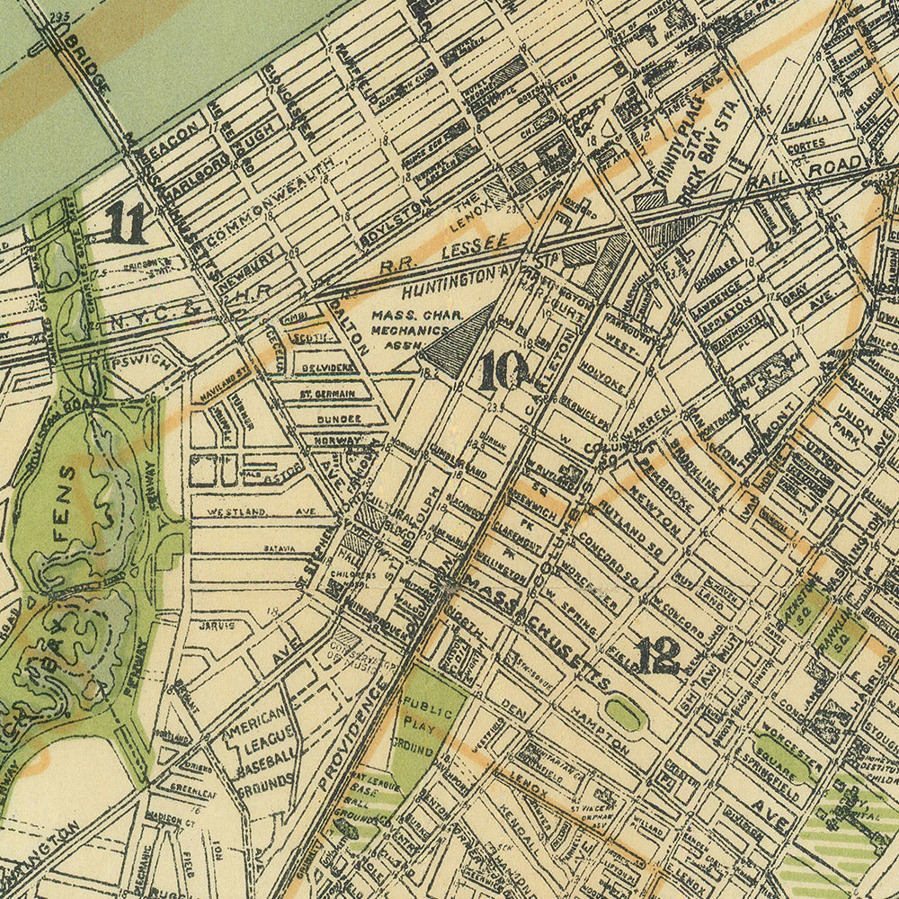 Large Old Street Map of Boston by Walker, 1905: Boston Common, Harvard, Charles River, Back Bay